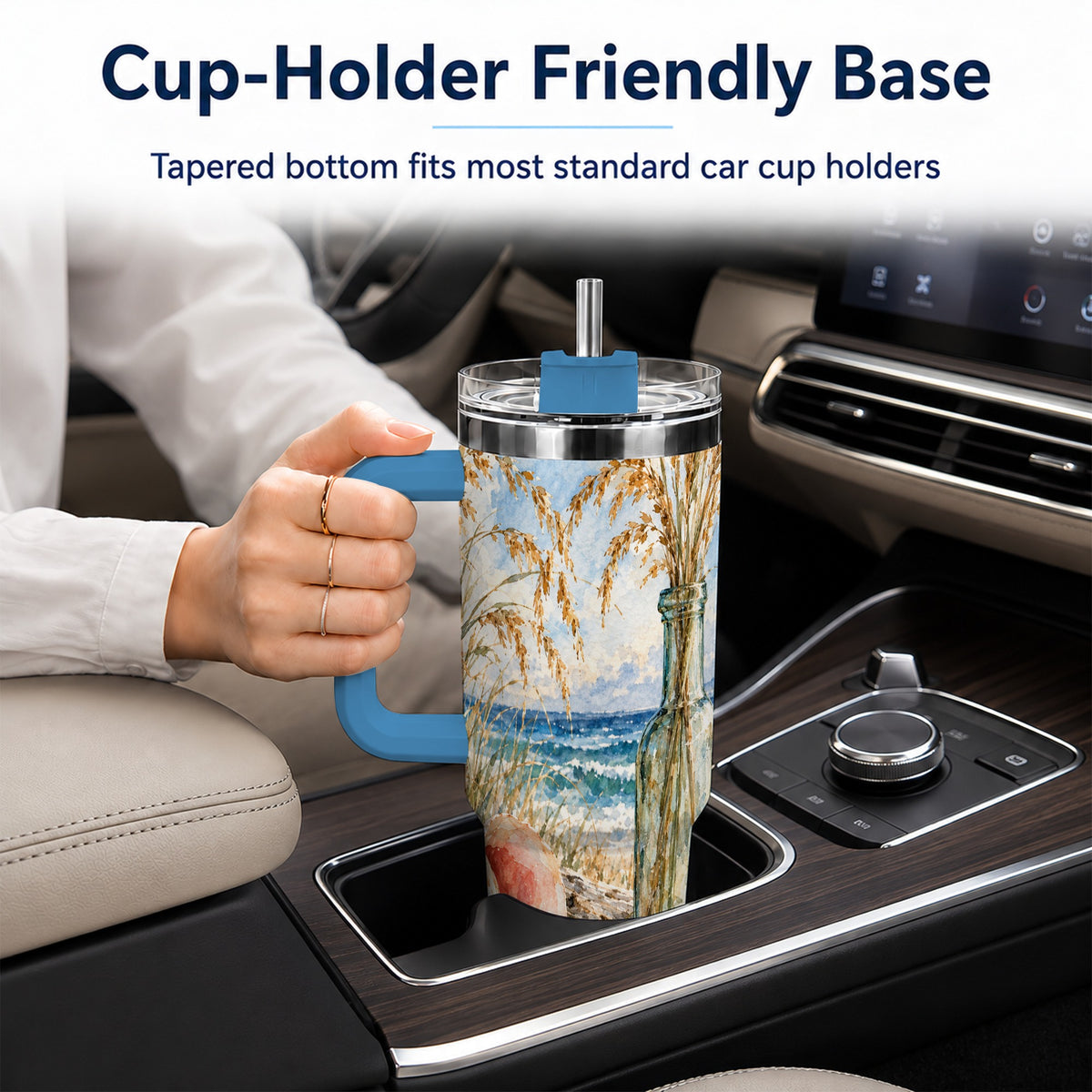 #pl[40oz|Blue] Watercolor Seashell 40oz Tumbler with Handle, Coastal Travel Cup, Ocean Art