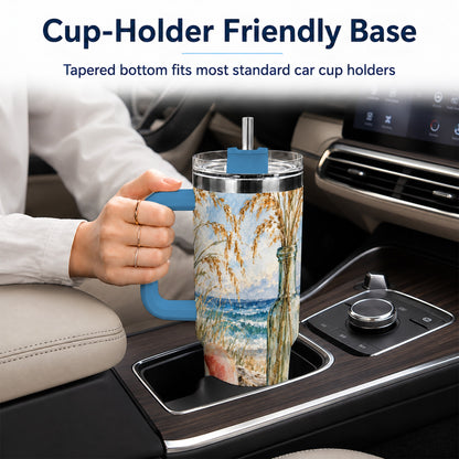 #pl[40oz|Blue] Watercolor Seashell 40oz Tumbler with Handle, Coastal Travel Cup, Ocean Art