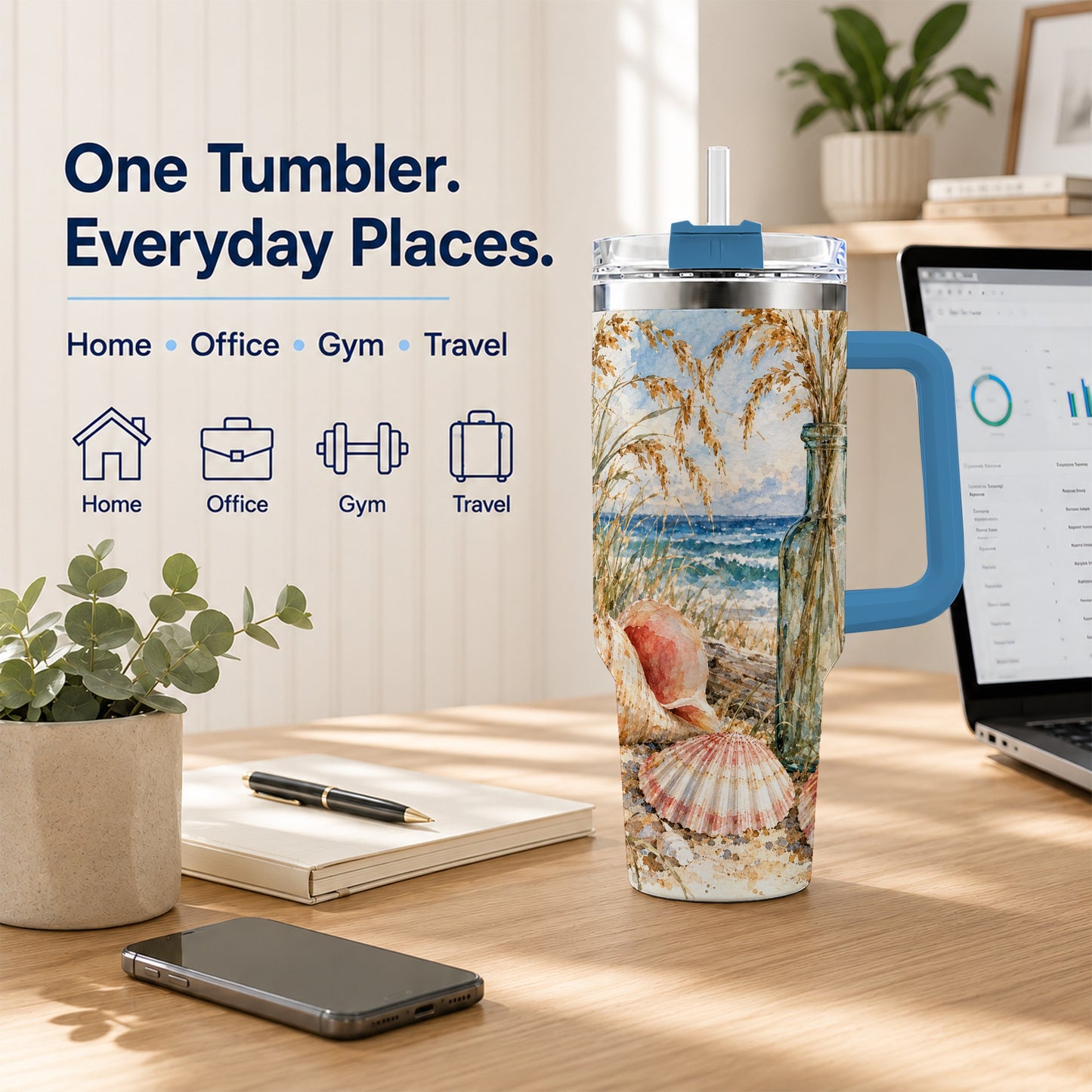 #pl[40oz|Blue] Watercolor Seashell 40oz Tumbler with Handle, Coastal Travel Cup, Ocean Art