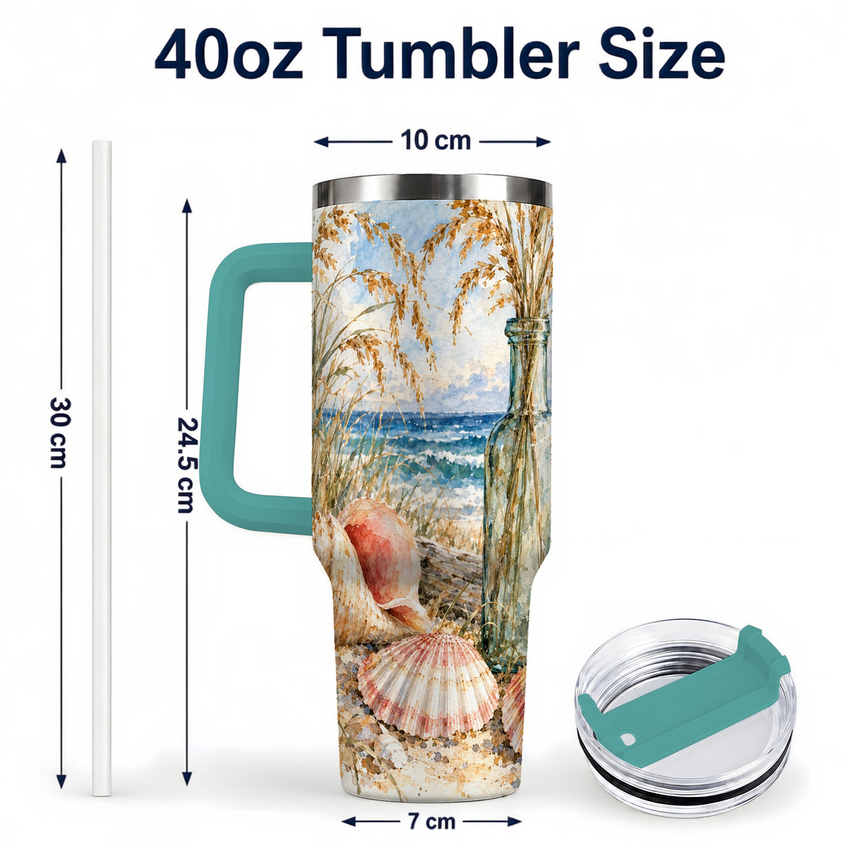 #pl[40oz|Green] Watercolor Seashell 40oz Tumbler with Handle, Coastal Travel Cup, Ocean Art