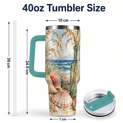 #pl[40oz|Green] Watercolor Seashell 40oz Tumbler with Handle, Coastal Travel Cup, Ocean Art