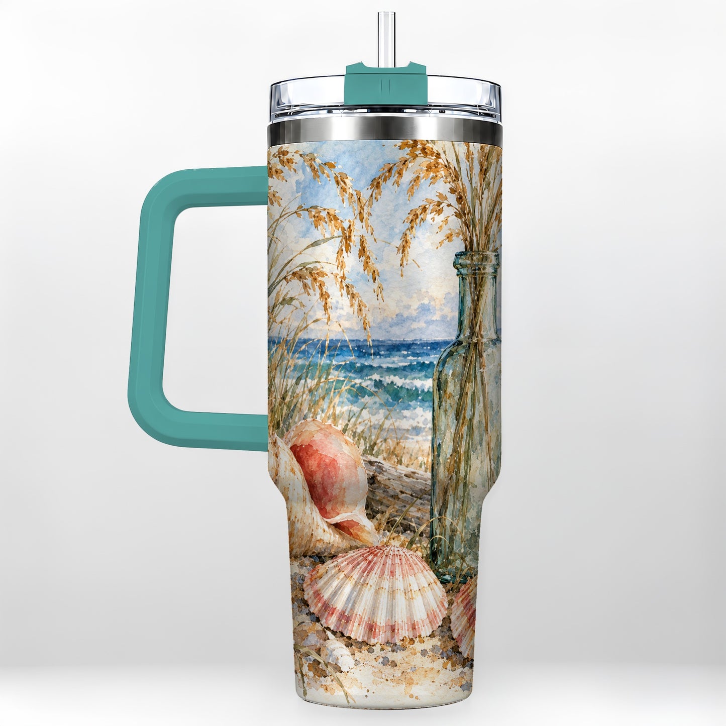 #pl[40oz|Green] Watercolor Seashell 40oz Tumbler with Handle, Coastal Travel Cup, Ocean Art