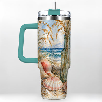 #pl[40oz|Green] Watercolor Seashell 40oz Tumbler with Handle, Coastal Travel Cup, Ocean Art