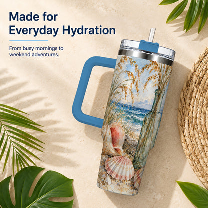 #pl[40oz|Blue] Watercolor Seashell 40oz Tumbler with Handle, Coastal Travel Cup, Ocean Art