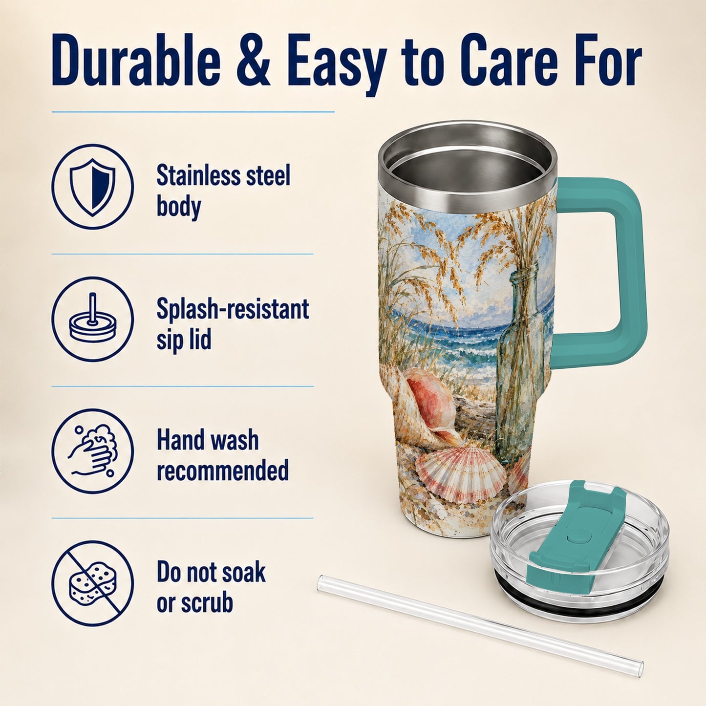 #pl[40oz|Green] Watercolor Seashell 40oz Tumbler with Handle, Coastal Travel Cup, Ocean Art