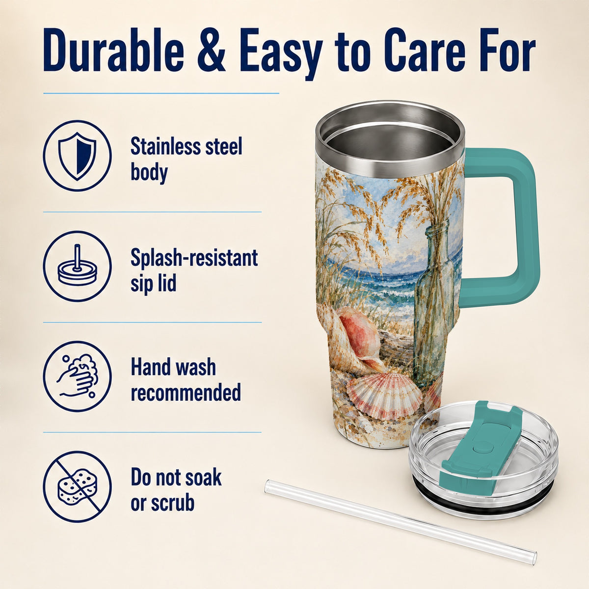 #pl[40oz|Green] Watercolor Seashell 40oz Tumbler with Handle, Coastal Travel Cup, Ocean Art