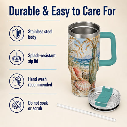 #pl[40oz|Green] Watercolor Seashell 40oz Tumbler with Handle, Coastal Travel Cup, Ocean Art