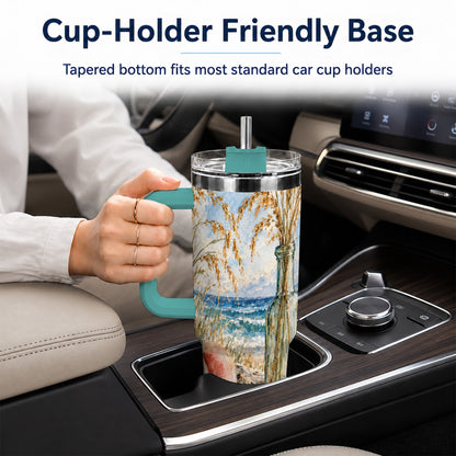 #pl[40oz|Green] Watercolor Seashell 40oz Tumbler with Handle, Coastal Travel Cup, Ocean Art