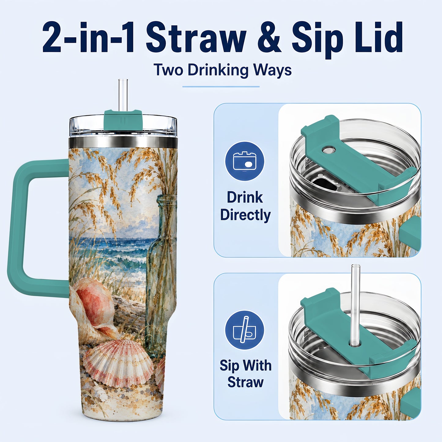 #pl[40oz|Green] Watercolor Seashell 40oz Tumbler with Handle, Coastal Travel Cup, Ocean Art