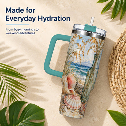 #pl[40oz|Green] Watercolor Seashell 40oz Tumbler with Handle, Coastal Travel Cup, Ocean Art