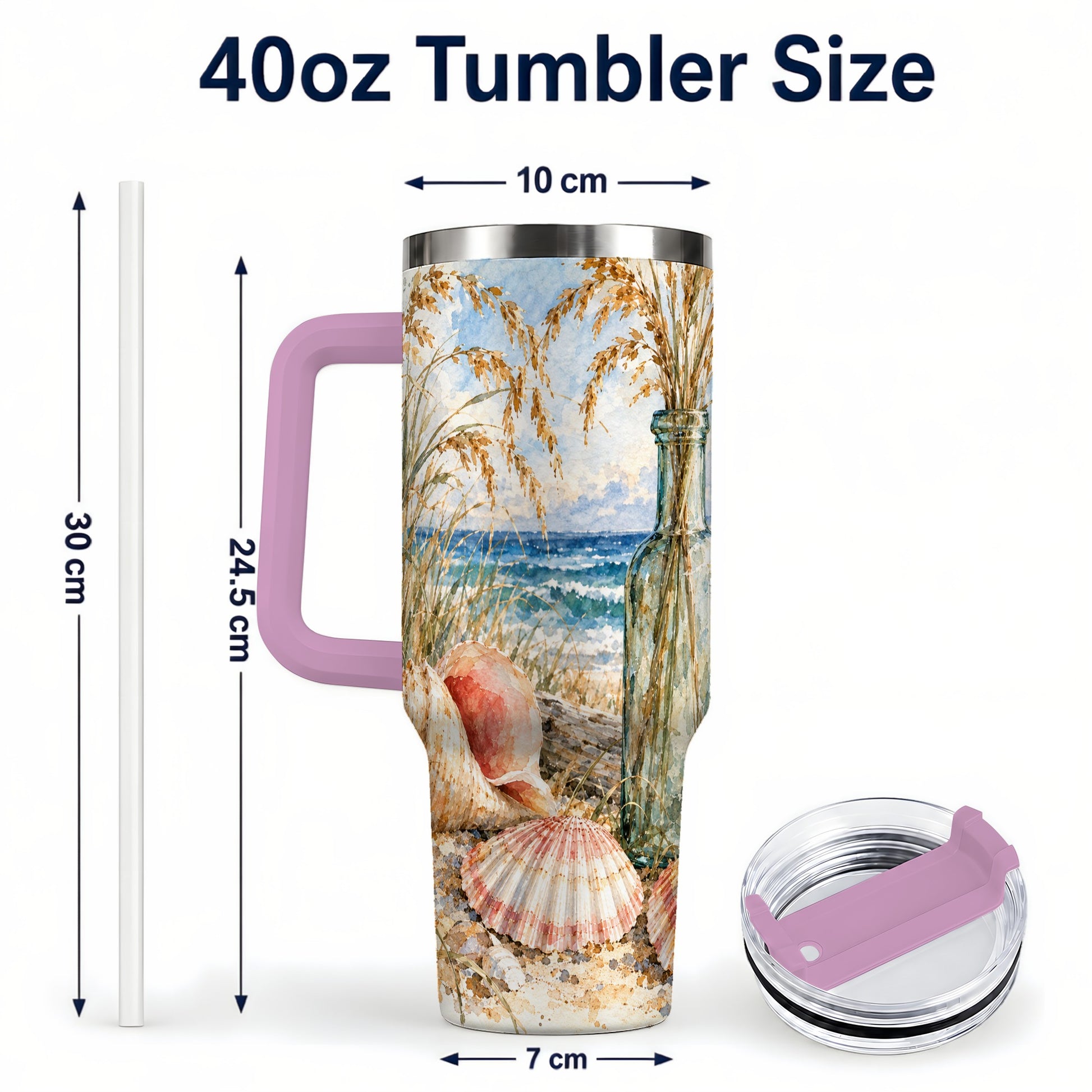#pl[40oz|Pink] Watercolor Seashell 40oz Tumbler with Handle, Coastal Travel Cup, Ocean Art