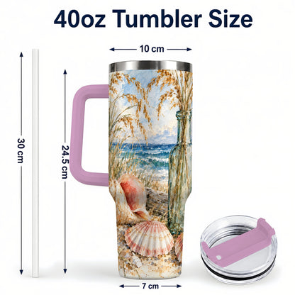 #pl[40oz|Pink] Watercolor Seashell 40oz Tumbler with Handle, Coastal Travel Cup, Ocean Art