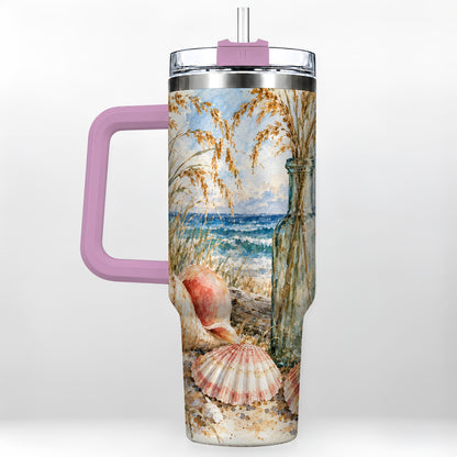 #pl[40oz|Pink] Watercolor Seashell 40oz Tumbler with Handle, Coastal Travel Cup, Ocean Art