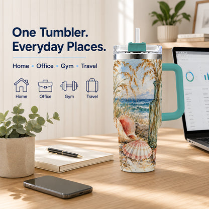 #pl[40oz|Green] Watercolor Seashell 40oz Tumbler with Handle, Coastal Travel Cup, Ocean Art