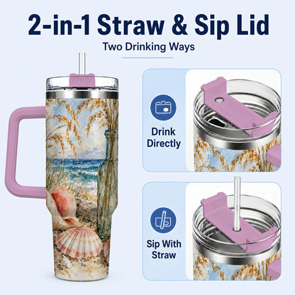 #pl[40oz|Pink] Watercolor Seashell 40oz Tumbler with Handle, Coastal Travel Cup, Ocean Art