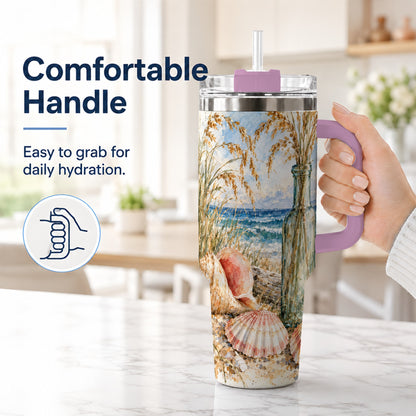 #pl[40oz|Pink] Watercolor Seashell 40oz Tumbler with Handle, Coastal Travel Cup, Ocean Art