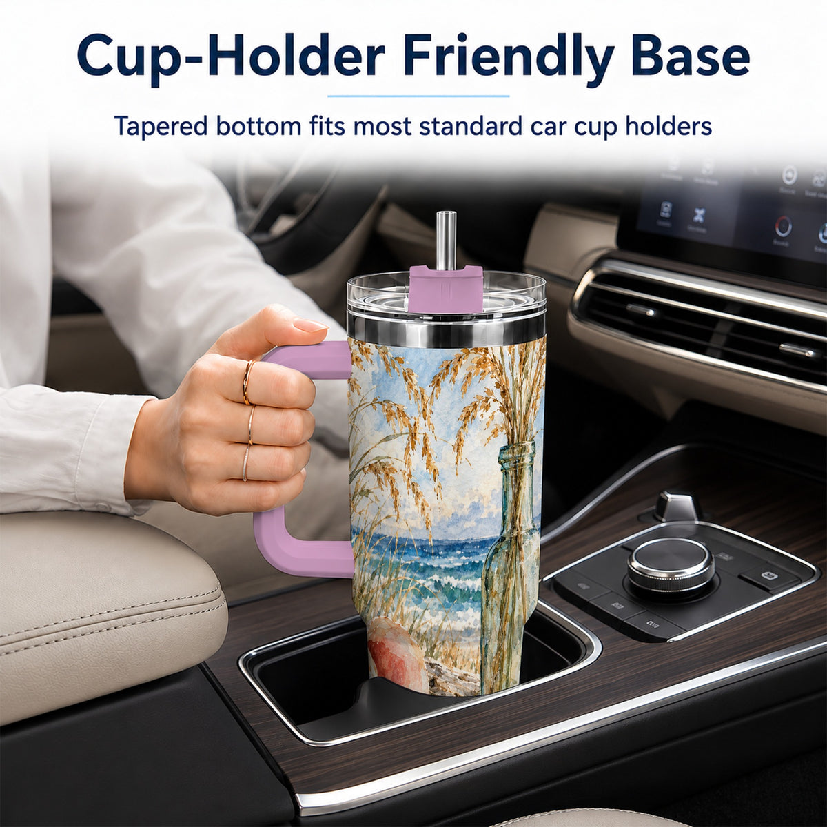 #pl[40oz|Pink] Watercolor Seashell 40oz Tumbler with Handle, Coastal Travel Cup, Ocean Art