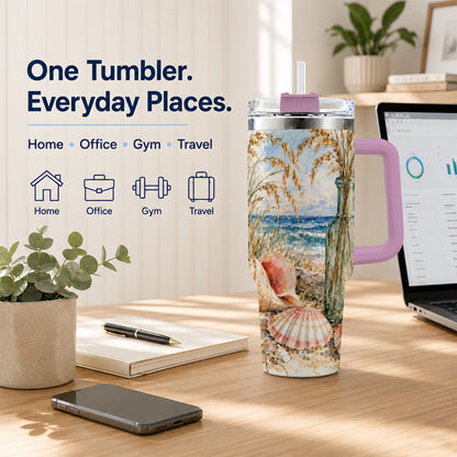 #pl[40oz|Pink] Watercolor Seashell 40oz Tumbler with Handle, Coastal Travel Cup, Ocean Art