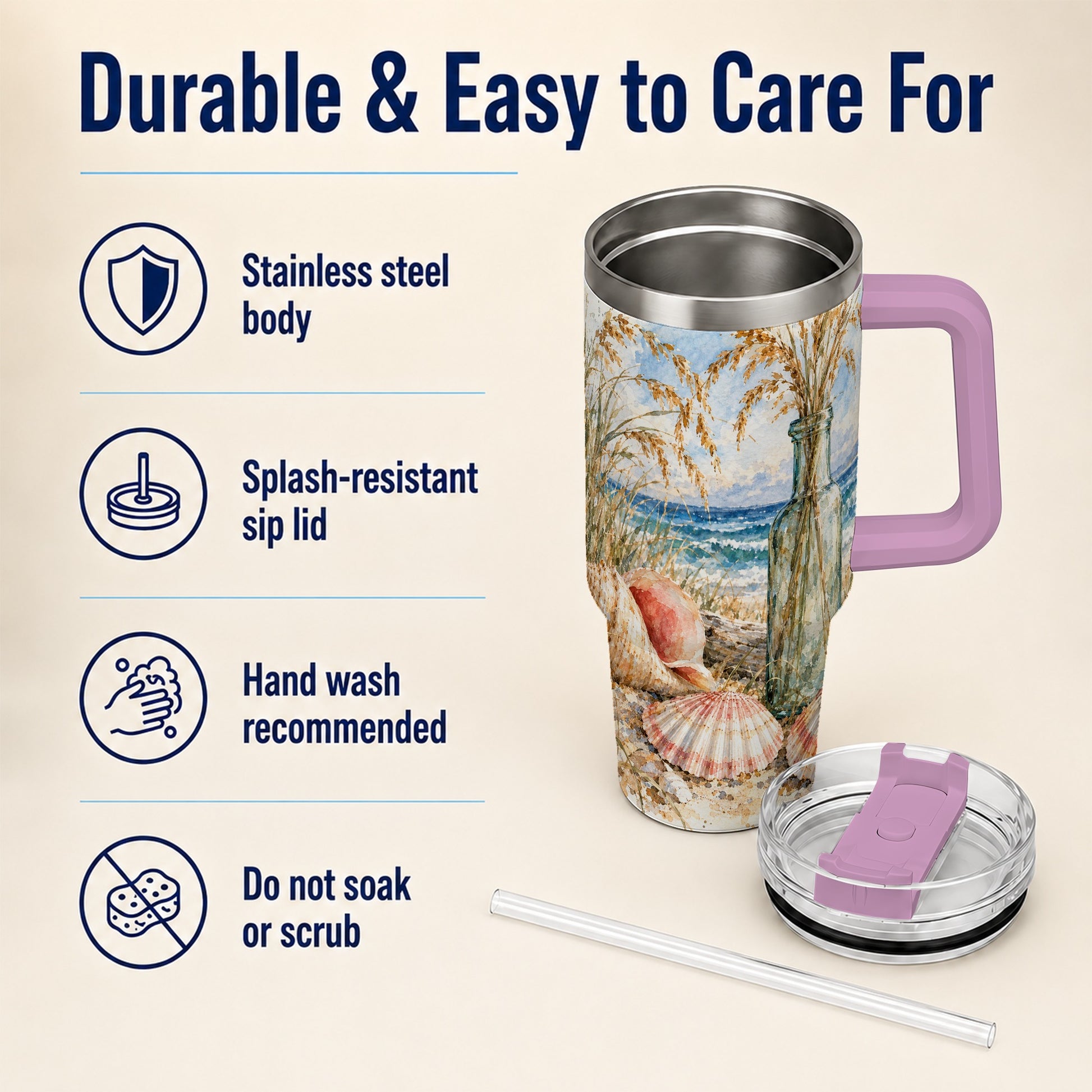 #pl[40oz|Pink] Watercolor Seashell 40oz Tumbler with Handle, Coastal Travel Cup, Ocean Art