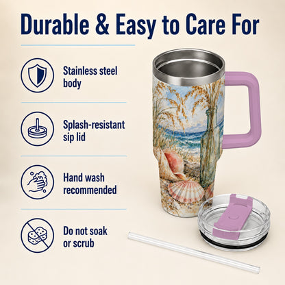 #pl[40oz|Pink] Watercolor Seashell 40oz Tumbler with Handle, Coastal Travel Cup, Ocean Art