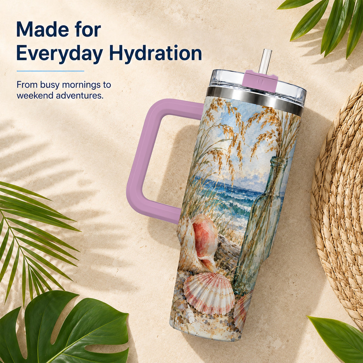 #pl[40oz|Pink] Watercolor Seashell 40oz Tumbler with Handle, Coastal Travel Cup, Ocean Art