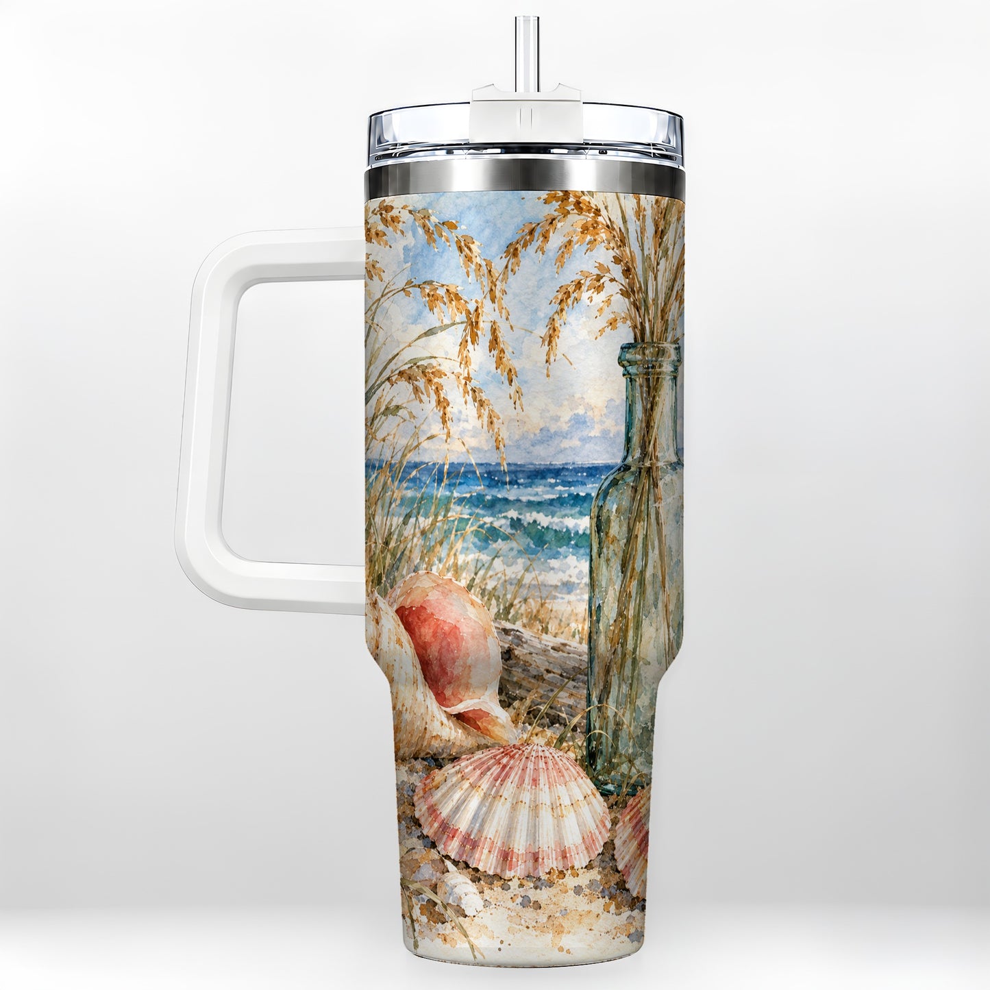 Watercolor Seashell 40oz Tumbler with Handle, Coastal Travel Cup, Ocean Art