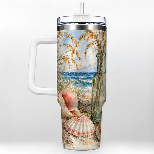 Watercolor Seashell 40oz Tumbler with Handle, Coastal Travel Cup, Ocean Art