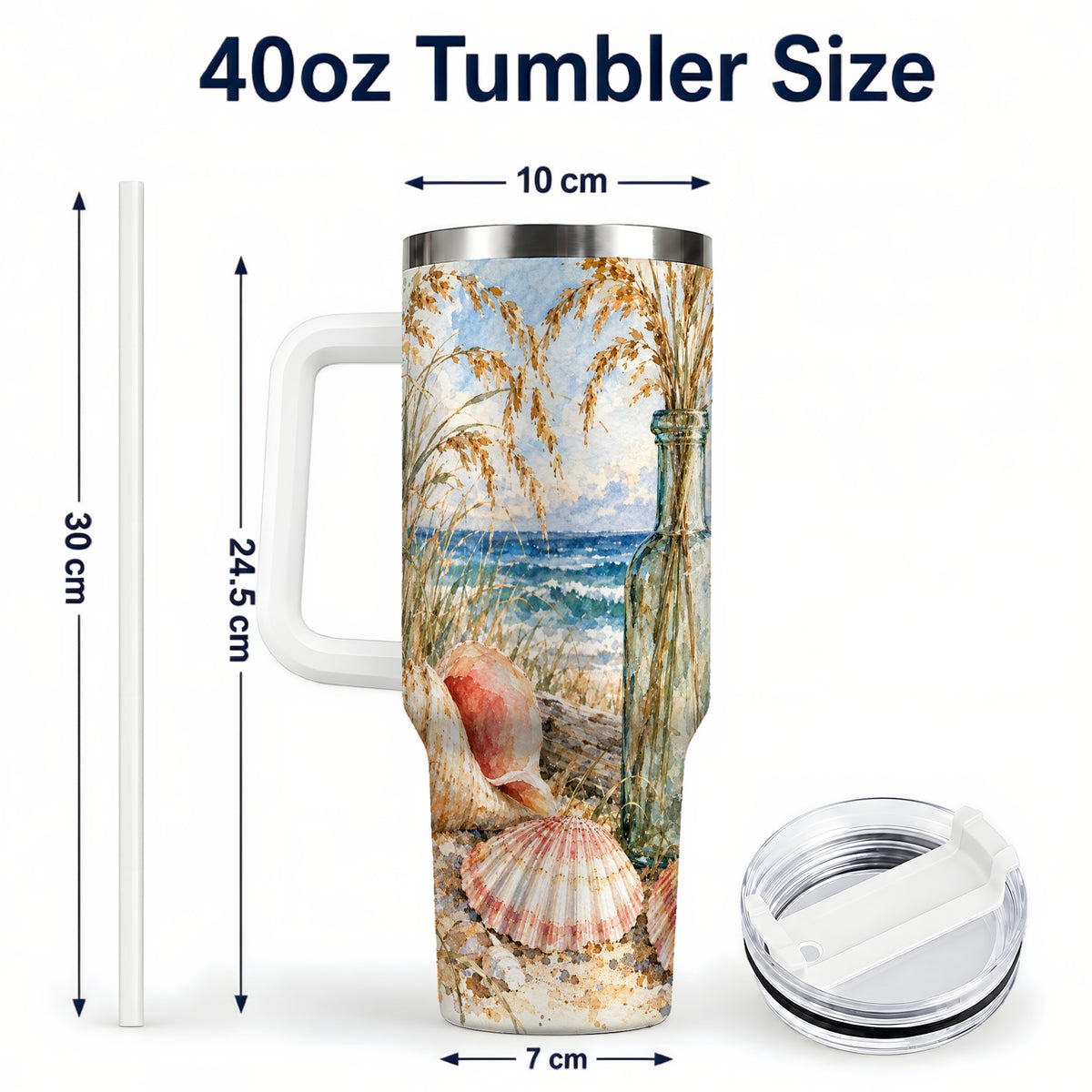 #pl[40oz|White] Watercolor Seashell 40oz Tumbler with Handle, Coastal Travel Cup, Ocean Art