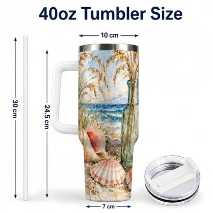 #pl[40oz|White] Watercolor Seashell 40oz Tumbler with Handle, Coastal Travel Cup, Ocean Art