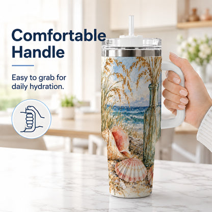 #pl[40oz|White] Watercolor Seashell 40oz Tumbler with Handle, Coastal Travel Cup, Ocean Art