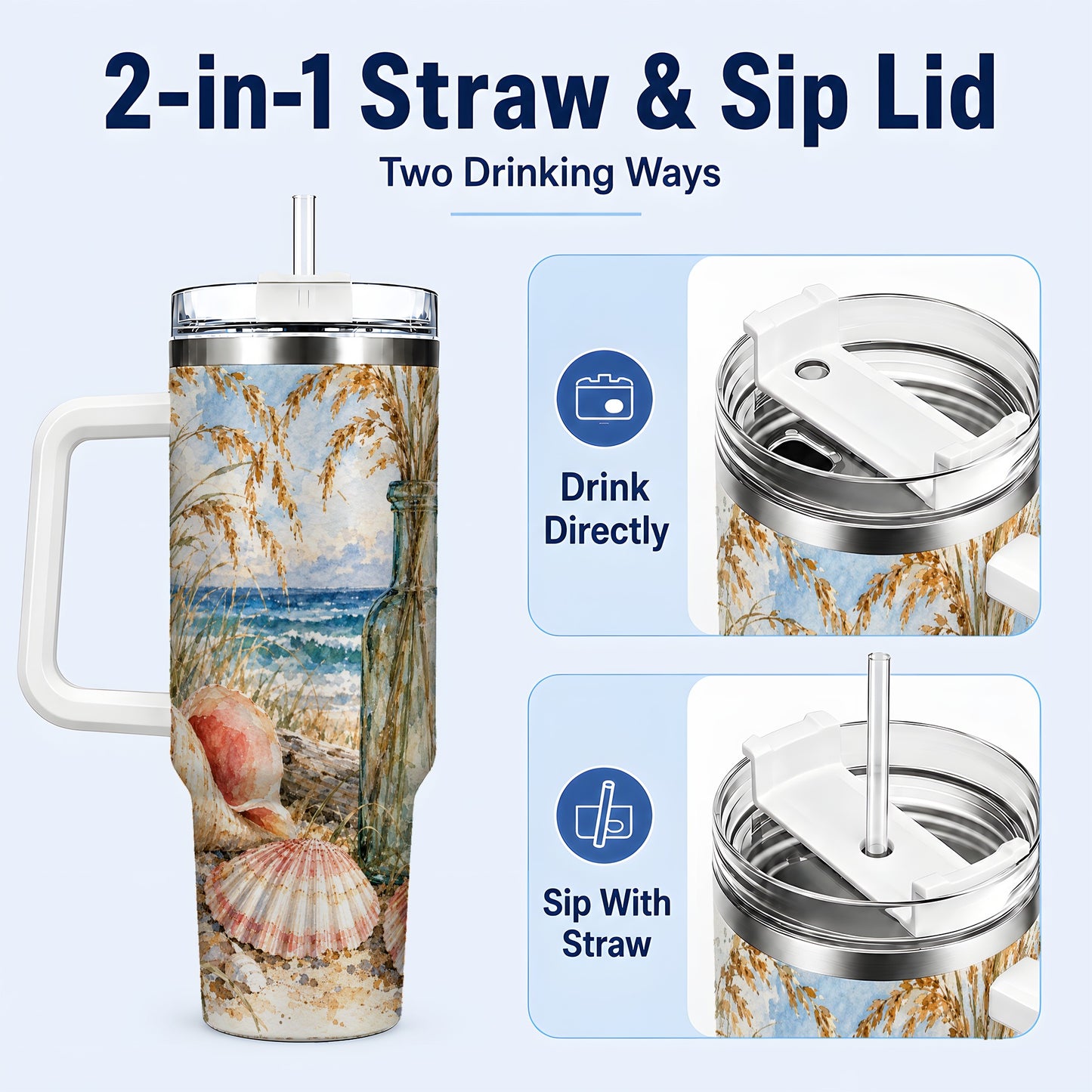 #pl[40oz|White] Watercolor Seashell 40oz Tumbler with Handle, Coastal Travel Cup, Ocean Art