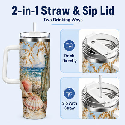 #pl[40oz|White] Watercolor Seashell 40oz Tumbler with Handle, Coastal Travel Cup, Ocean Art