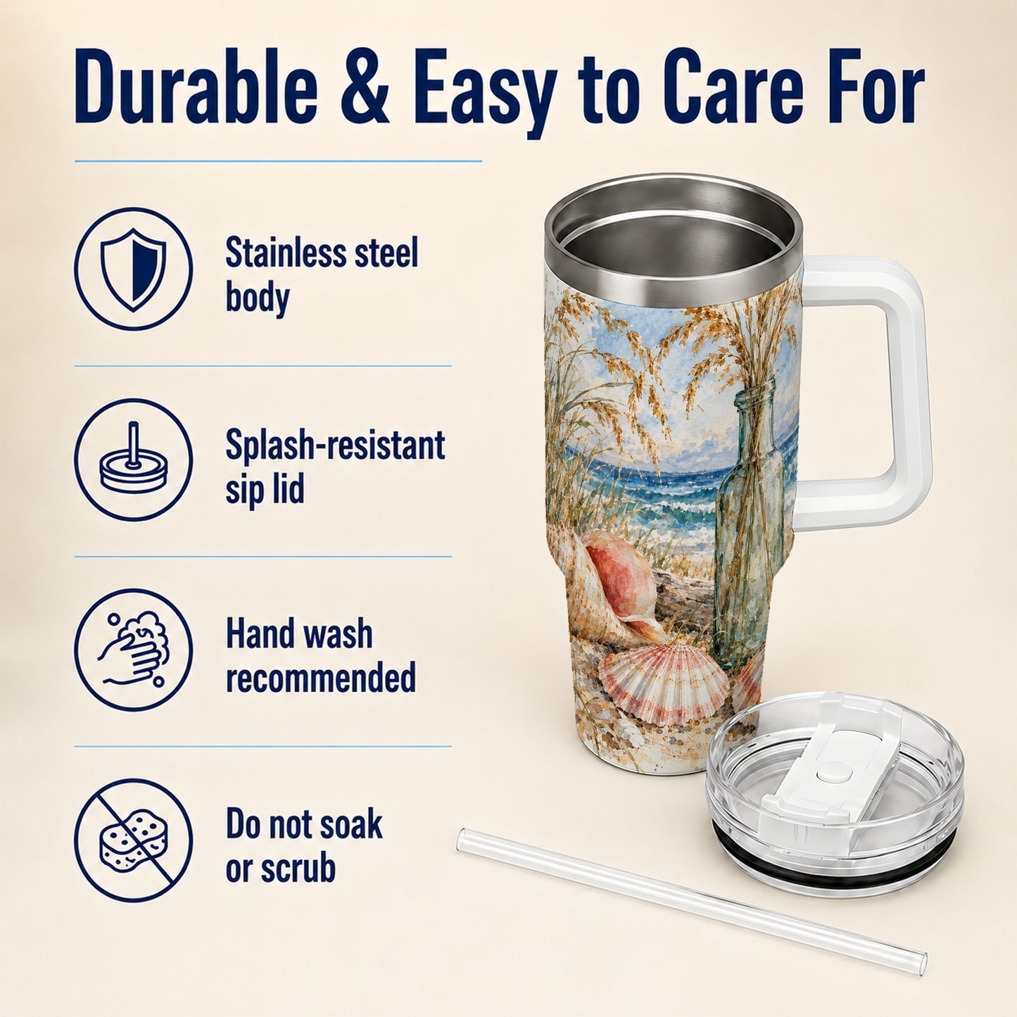 #pl[40oz|White] Watercolor Seashell 40oz Tumbler with Handle, Coastal Travel Cup, Ocean Art