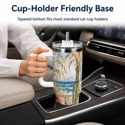 #pl[40oz|White] Watercolor Seashell 40oz Tumbler with Handle, Coastal Travel Cup, Ocean Art