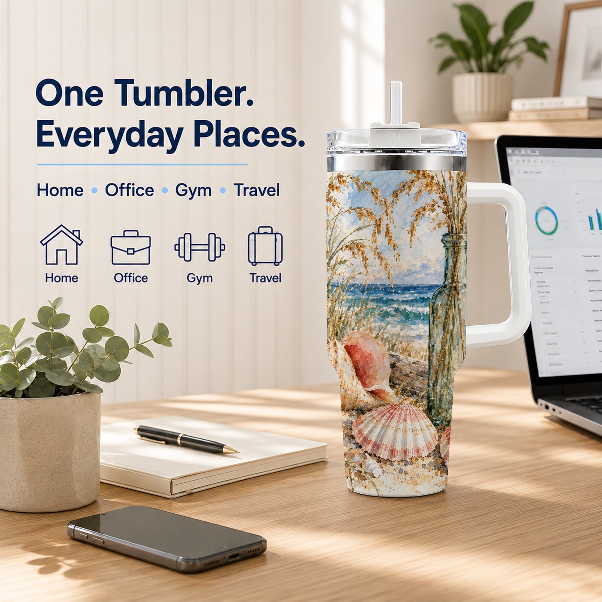 #pl[40oz|White] Watercolor Seashell 40oz Tumbler with Handle, Coastal Travel Cup, Ocean Art