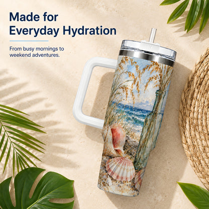 #pl[40oz|White] Watercolor Seashell 40oz Tumbler with Handle, Coastal Travel Cup, Ocean Art