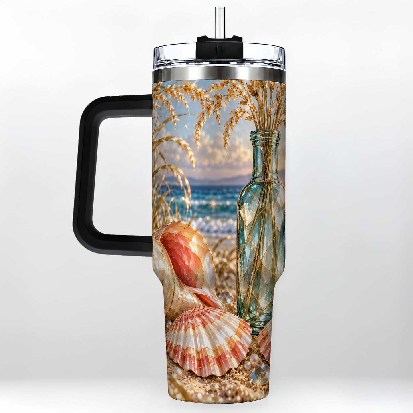 #pl[40oz|Black] Sunset Seashell 40oz Tumbler with Handle, Coastal Travel Cup, Faceted Art