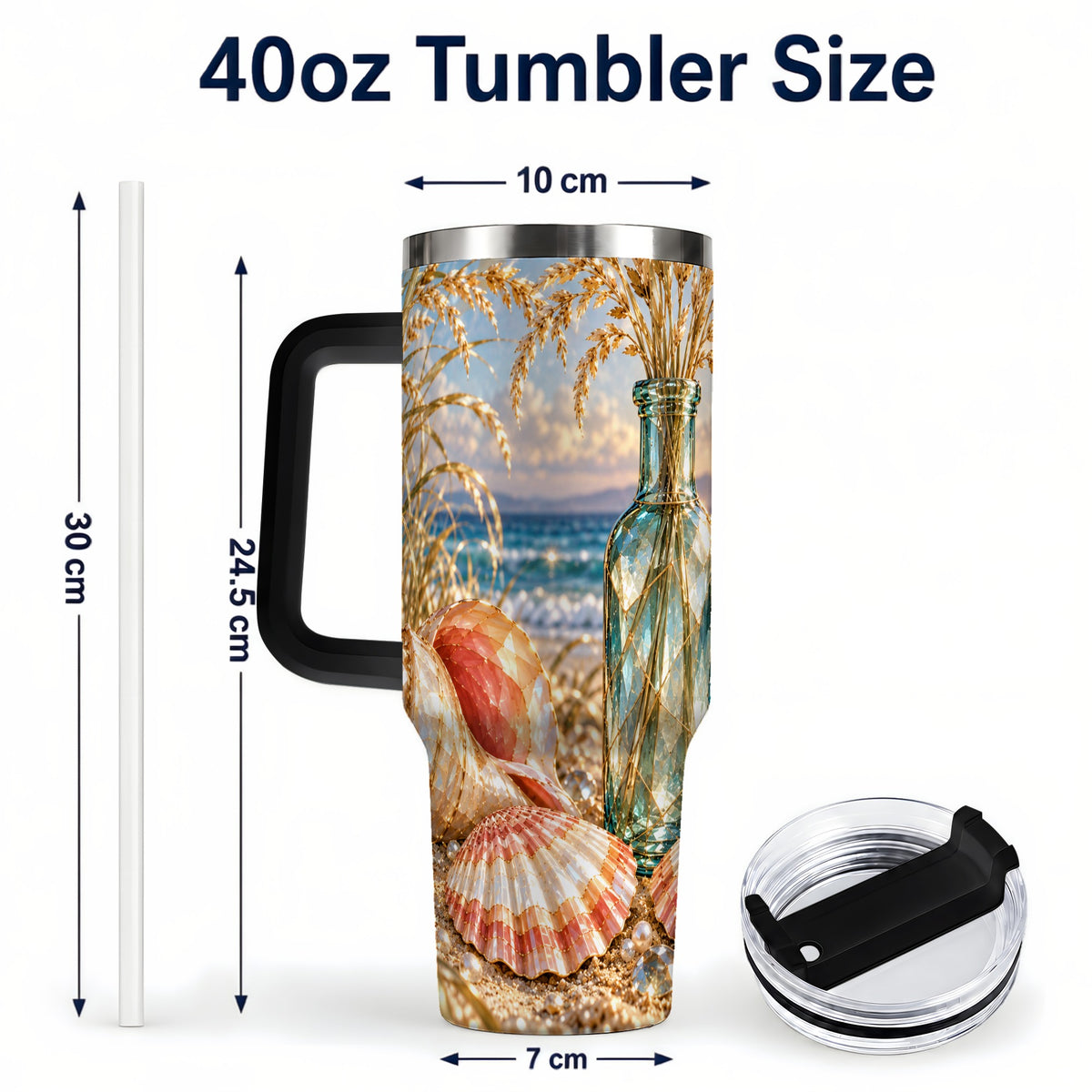 #pl[40oz|Black] Sunset Seashell 40oz Tumbler with Handle, Coastal Travel Cup, Faceted Art