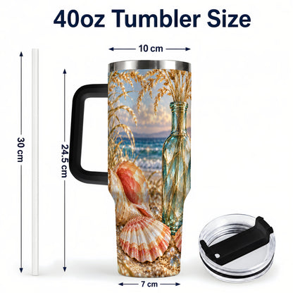 #pl[40oz|Black] Sunset Seashell 40oz Tumbler with Handle, Coastal Travel Cup, Faceted Art