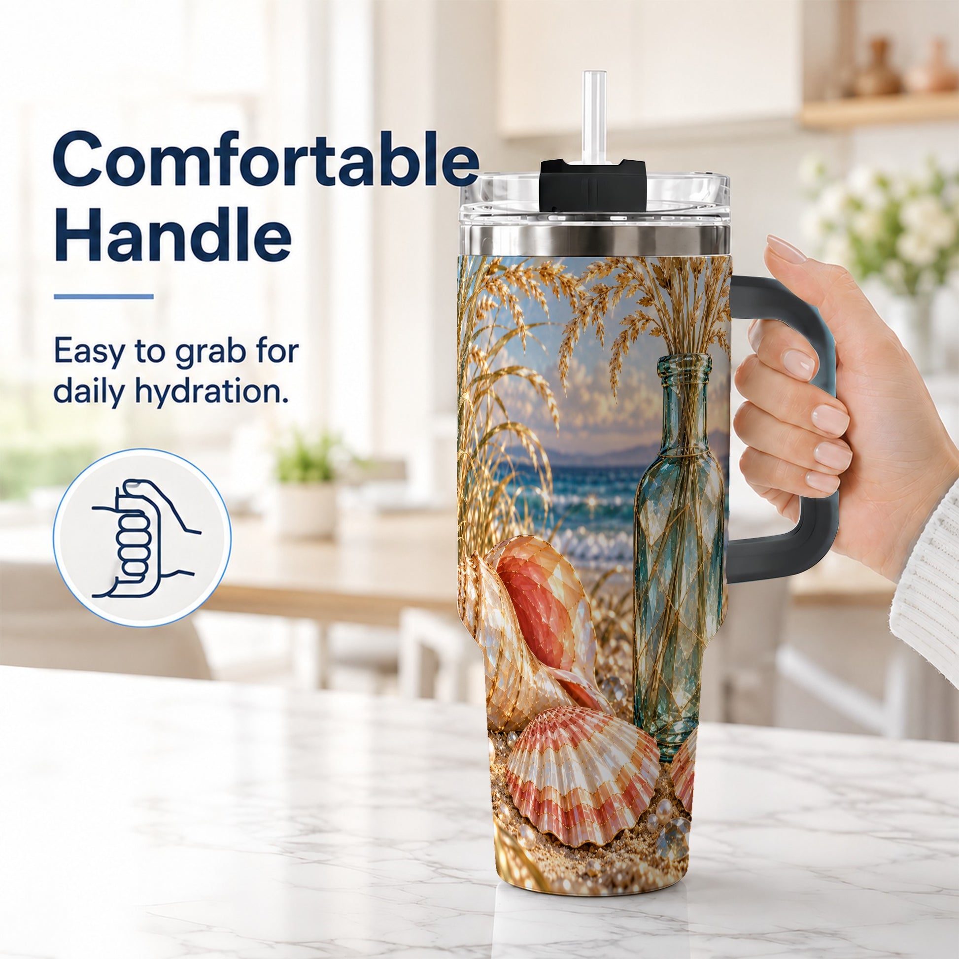 #pl[40oz|Black] Sunset Seashell 40oz Tumbler with Handle, Coastal Travel Cup, Faceted Art
