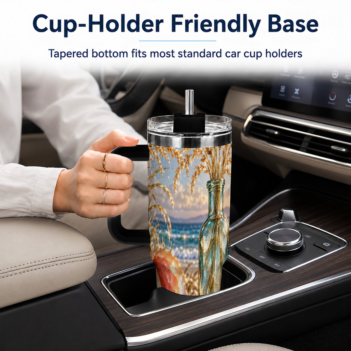 #pl[40oz|Black] Sunset Seashell 40oz Tumbler with Handle, Coastal Travel Cup, Faceted Art