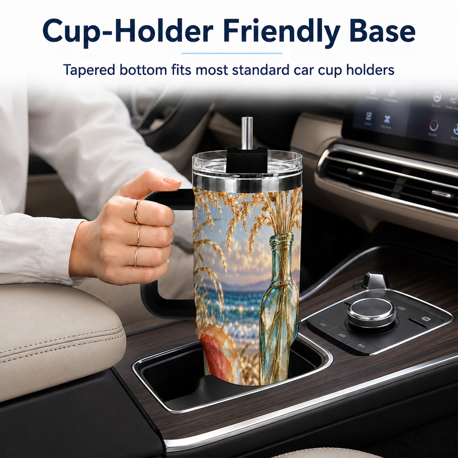 #pl[40oz|Black] Sunset Seashell 40oz Tumbler with Handle, Coastal Travel Cup, Faceted Art