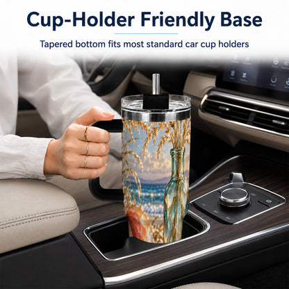 #pl[40oz|Black] Sunset Seashell 40oz Tumbler with Handle, Coastal Travel Cup, Faceted Art