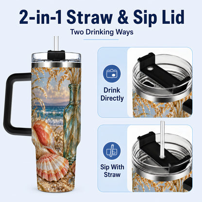 #pl[40oz|Black] Sunset Seashell 40oz Tumbler with Handle, Coastal Travel Cup, Faceted Art