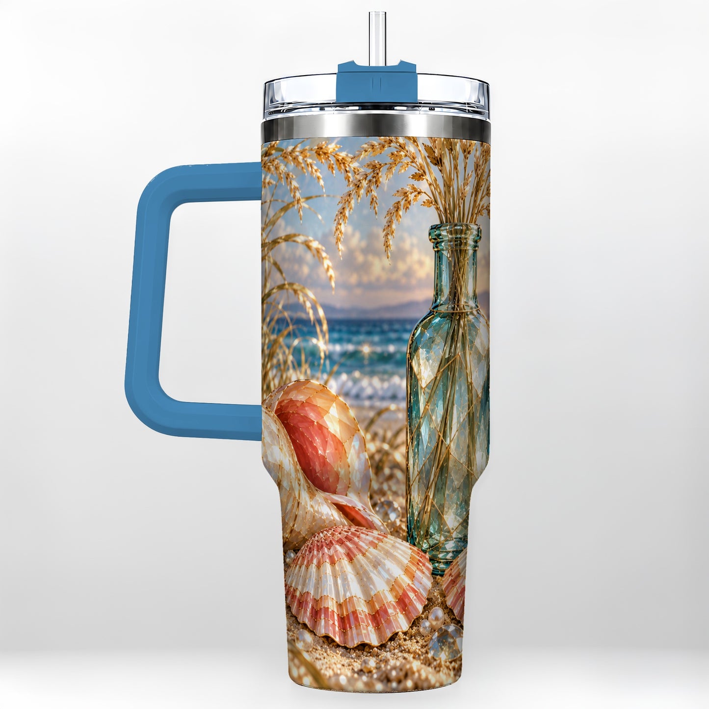 #pl[40oz|Blue] Sunset Seashell 40oz Tumbler with Handle, Coastal Travel Cup, Faceted Art