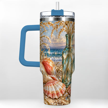 #pl[40oz|Blue] Sunset Seashell 40oz Tumbler with Handle, Coastal Travel Cup, Faceted Art