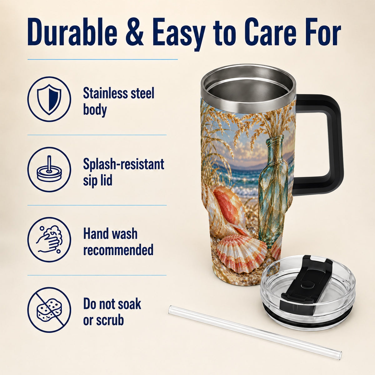 #pl[40oz|Black] Sunset Seashell 40oz Tumbler with Handle, Coastal Travel Cup, Faceted Art