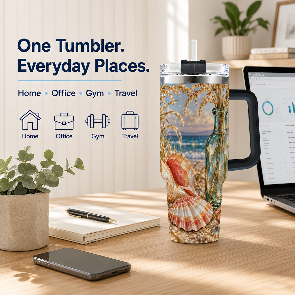 #pl[40oz|Black] Sunset Seashell 40oz Tumbler with Handle, Coastal Travel Cup, Faceted Art