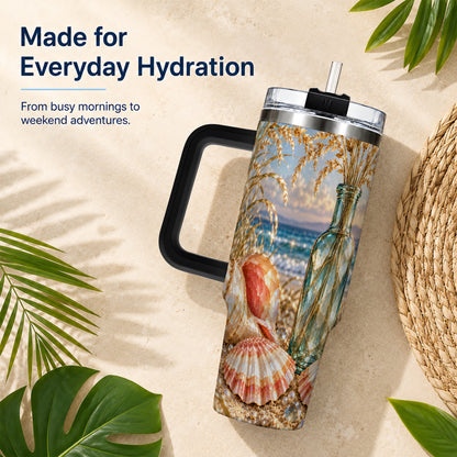 #pl[40oz|Black] Sunset Seashell 40oz Tumbler with Handle, Coastal Travel Cup, Faceted Art