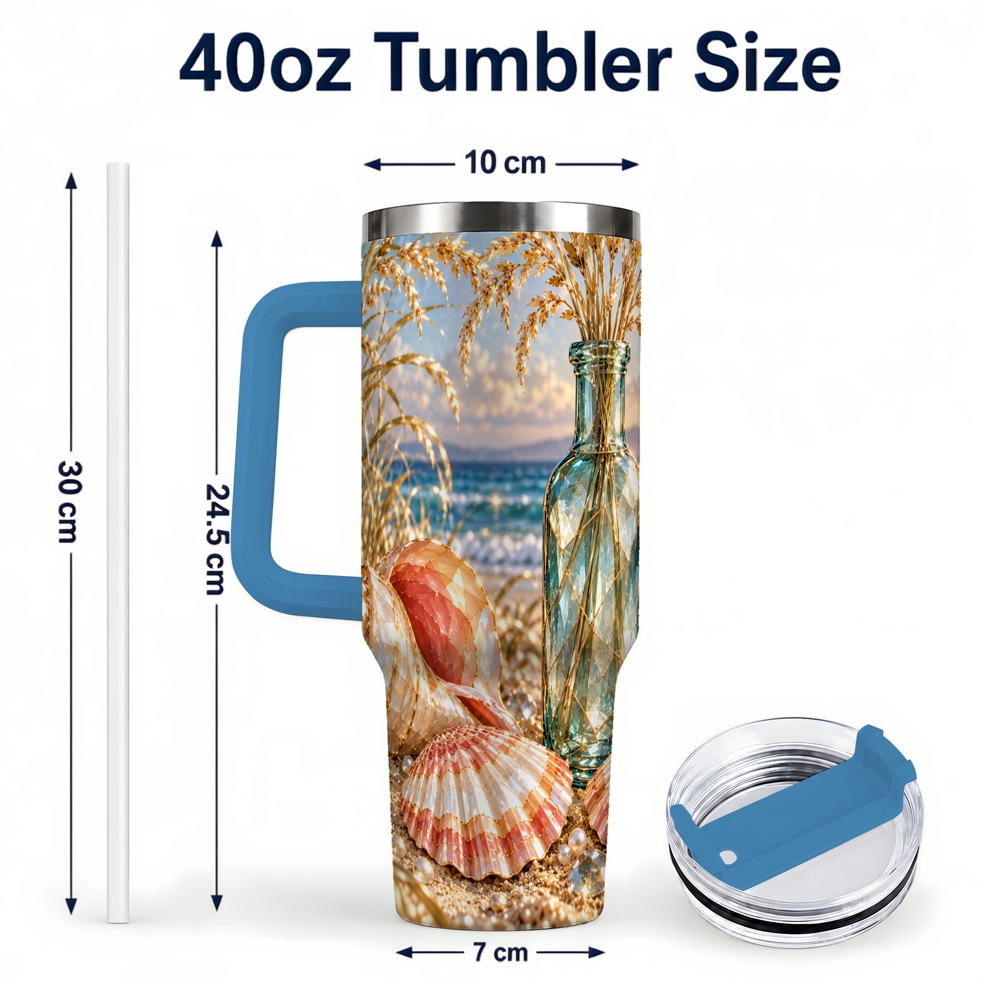 #pl[40oz|Blue] Sunset Seashell 40oz Tumbler with Handle, Coastal Travel Cup, Faceted Art